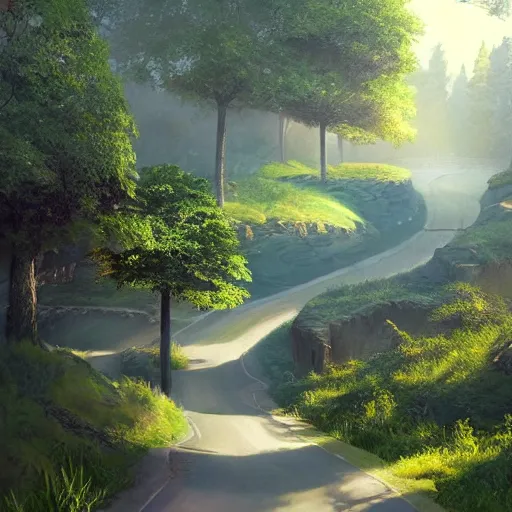 Image similar to roads leading into distance, lush fantasy landscape, artstation, photorealistic