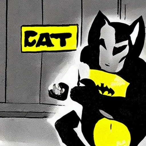 Prompt: batman in a banana suit robbing a bank with a cat sidekick