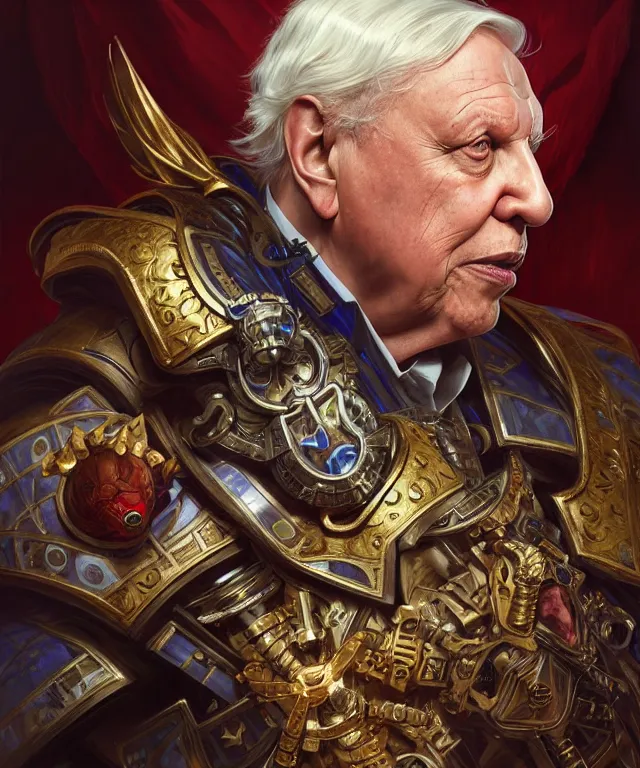 Prompt: Sir David Attenborough as Warhammer 40k Emperor, portrait, fantasy, intricate, elegant, highly detailed, digital painting, artstation, concept art, smooth, sharp focus, illustration, art by artgerm and greg rutkowski and alphonse mucha