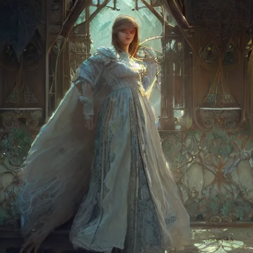 Prompt: woman modestly dressed in linen, fantasy character portrait, ultra realistic, concept art, intricate details, highly detailed by greg rutkowski, gaston bussiere, craig mullins, in style of alphonso mucha