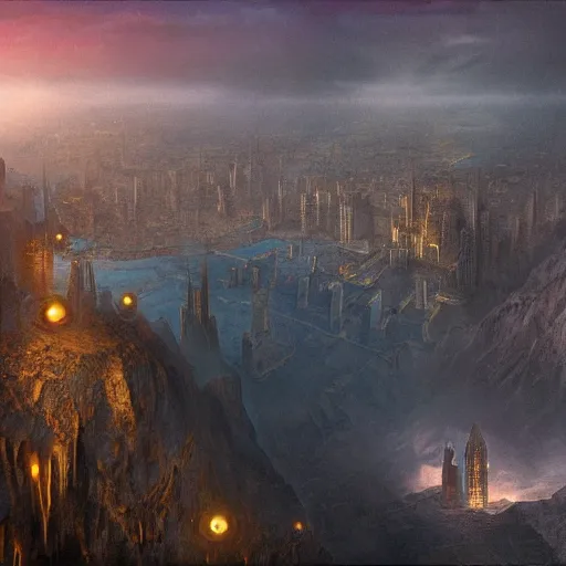 Image similar to the city of gold at the bottom of the abyss, matte painting