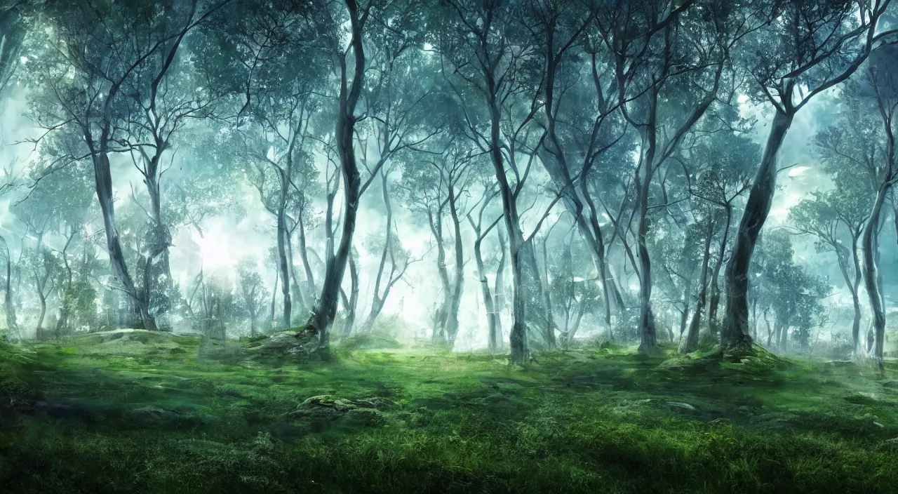 Image similar to a very futuristic landscape with trees, ambient light