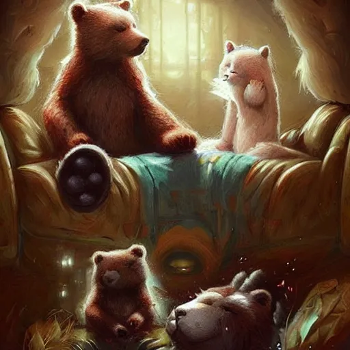 Prompt: bear and cat sitting in couch, cute and adorable, pretty, beautiful, fantasy painting, DeviantArt Artstation, by Jason Felix by Steve Argyle by Tyler Jacobson by Peter Mohrbacher, cosy atmoshpere