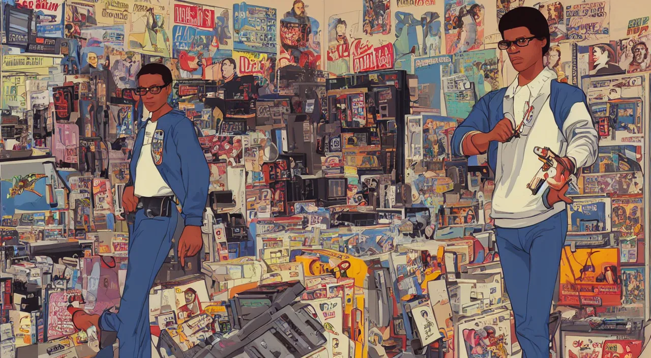 Prompt: GTA V illustration of 1980s nerdy teen on the cover of GTA V, in a 1980s music store