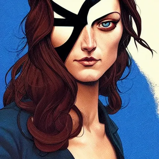 Prompt: Rafeal Albuquerque comic art, Joshua Middleton comic art, pretty female Phoebe Tonkin, pirate, eye patch over one eye, evil smile, symmetrical face, symmetrical eyes, pirate clothing, long wavy brown hair, full body::8 sunny weather::2