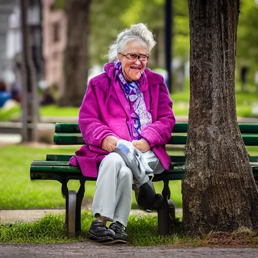 Image similar to an old woman smiling while sitting on a bench in a park, (EOS 5DS R, ISO100, f/8, 1/125, 84mm, postprocessed, crisp face, facial features)