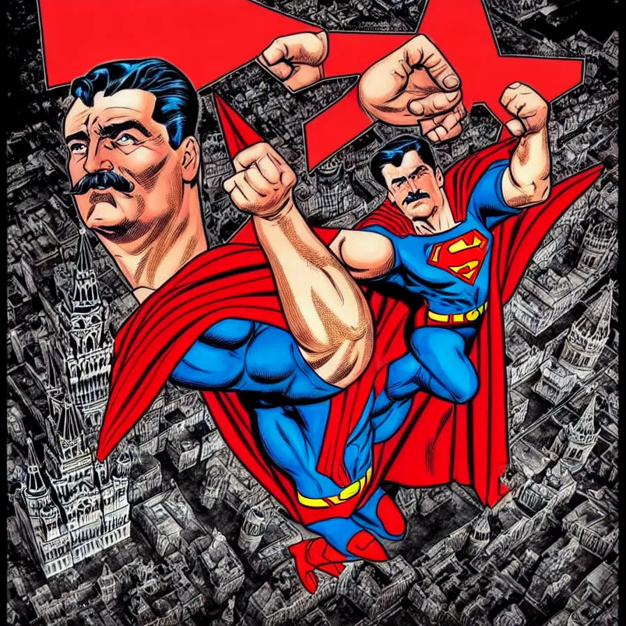 Image similar to epic comic book cover of stalin as superman floating over the red square ( moscow ), socialist realism, aesthetically pleasing, finely detailed facial features, photorealistic, intricate digital art, trending artstation, artgem, rich moody colors, fan art, concept art, in the style of the red son, by cory walker and ryan ottley