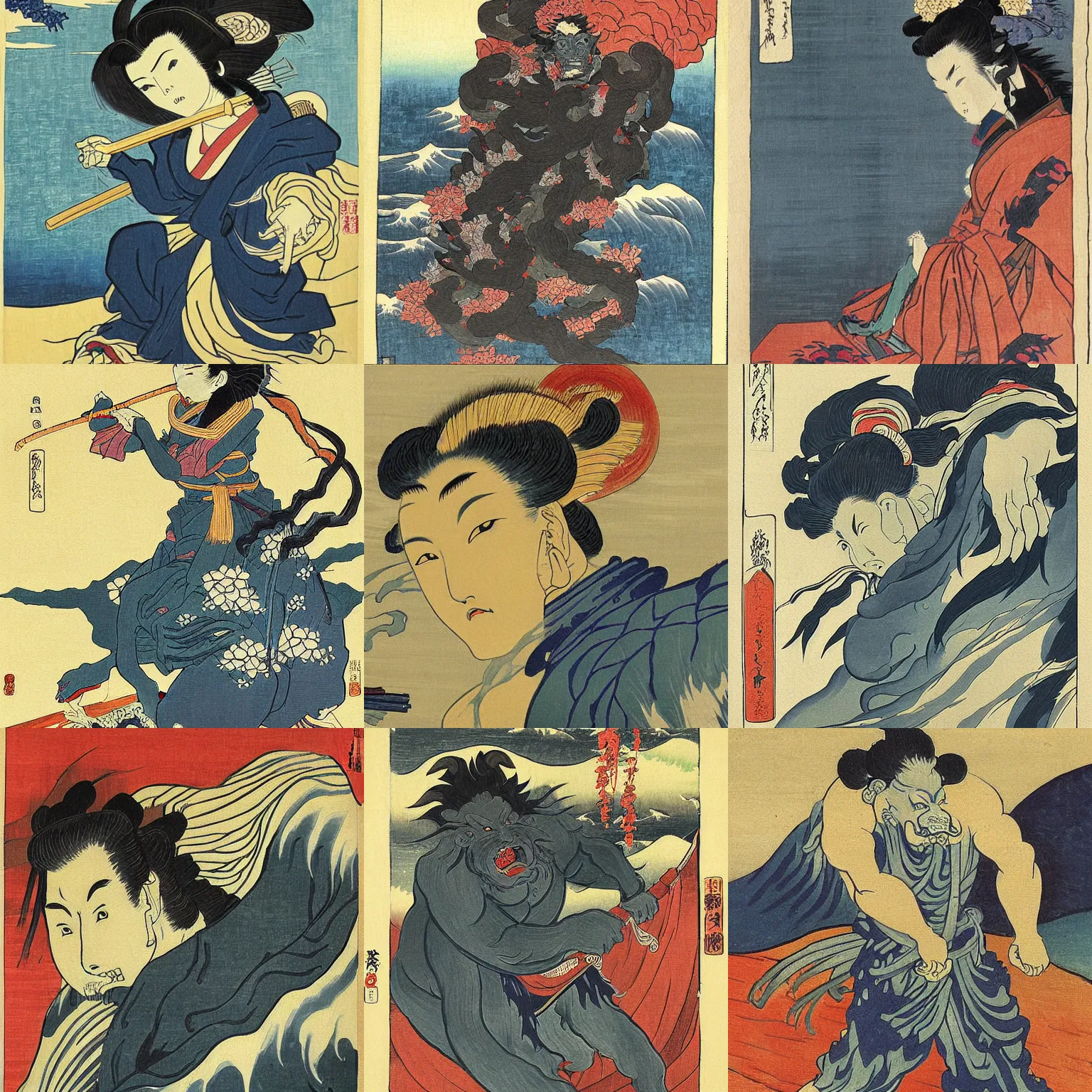 Prompt: very beautiful oni painting by hokusai and van gogh