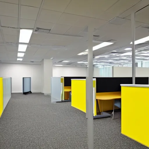 Image similar to liminal office space with walls and carpeting with a monochromatic tone of yellow, fluorescent lights