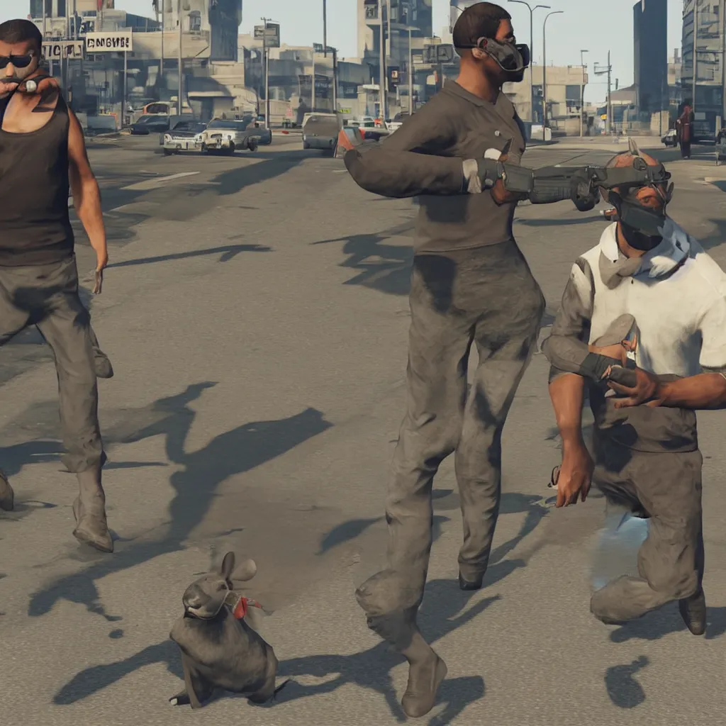 Prompt: gangster man wearing rabbit mask in GTA V