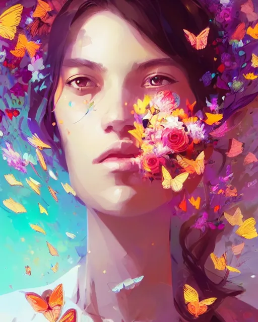 Prompt: portrait of a woman made of flowers and butterflies, explosion of petals, artgerm, wlop, radiant halo of light, sylvain sarrailh, artstation, ismail inceoglu, liam brazier, petros afshar