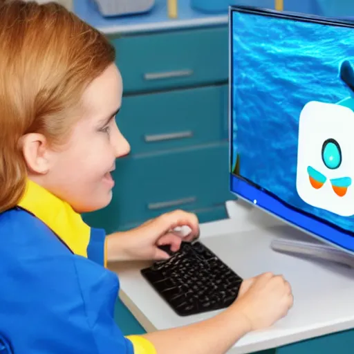 Prompt: A dolphin wearing a chemist outfit, playing games on a computer