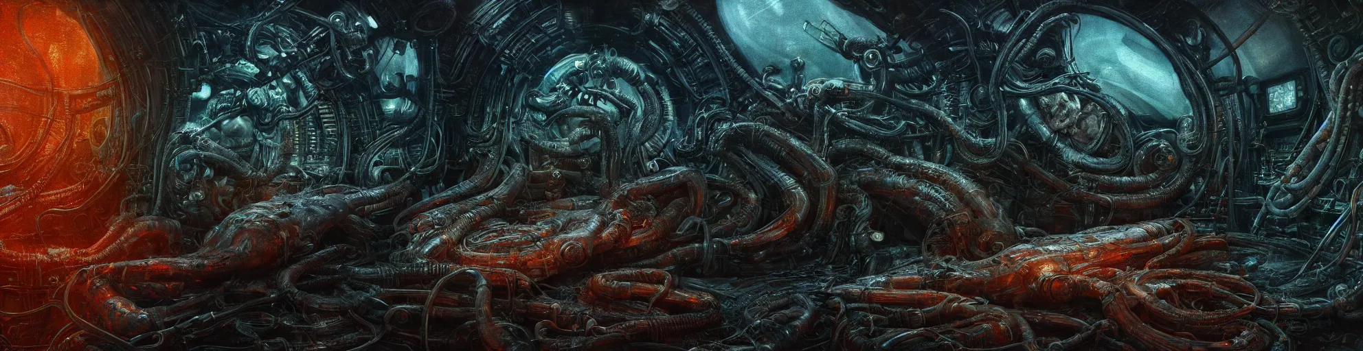 Image similar to Prometheus hibernation capsule biological sci-fi environment set close-up, hibernation capsule close-up, in a nightmarish universe of odd forms and somber tapestry, HR Giger and Vincent Di Fate, vivid color scheme, featured in artstation, octane render, cinematic, elegant, intricate, 8k