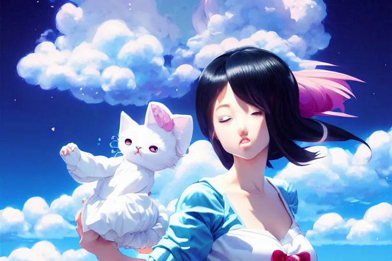 Prompt: bubbly lovely hopefully magical girl flying on the clouds with her kitty, occlusion shadow, specular reflection, rim light, unreal engine, artgerm, artstation, art by hiroaki samura and ilya kuvshinov and ossdraws, high quality, intricate detailed 8 k, fantasy illustration, extremely beautiful and aesthetic shape of face and body, movie poster