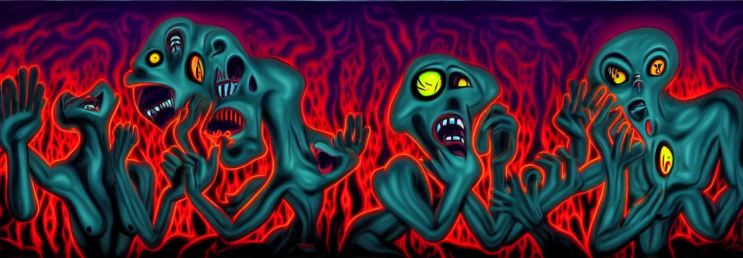 Image similar to visceral freaky monsters from the darkest depths of collective unconscious, dramatic glowing lighting, 1 9 3 0 s fleischer cartoon characters, wild emotional expressions - surreal painting by ronny khalil