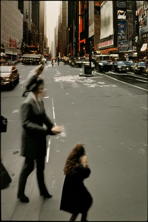 Prompt: photography, ginger woman walking in New York, soft light, 35mm, film photo, Joel Meyerowitz