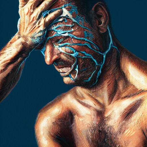 Image similar to portrait artwork of man tearing the skin from his face to reveal lizard skin. Artwork by Dan Mumford, realistic cinematic lighting, ultra detailed, hyper realism