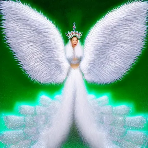 Image similar to highdetailed hyperrealistic painting of white wingsl!!!, white sparkles, 4 k hd fur, big wings, by jan van eyck, pattern, holography space, glow effect, large strokes, white monochrome color!!!!!