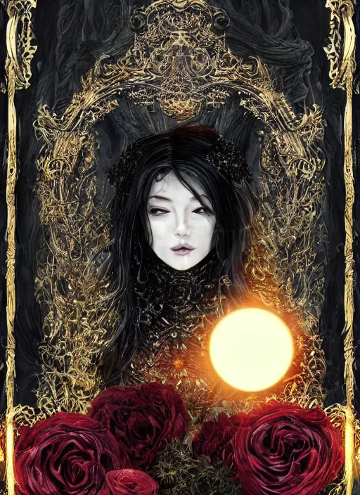 Image similar to glowing golden elements at frame borders, portrait, A beautiful dark witch in front of the full big moon, book cover, red roses, red white black colors, establishing shot, extremly high detail, foto realistic, cinematic lighting, pen and ink, intricate line drawings, by Yoshitaka Amano, Ruan Jia, Kentaro Miura, Artgerm, post processed, concept art, artstation, matte painting, style by eddie, raphael lacoste, alex ross