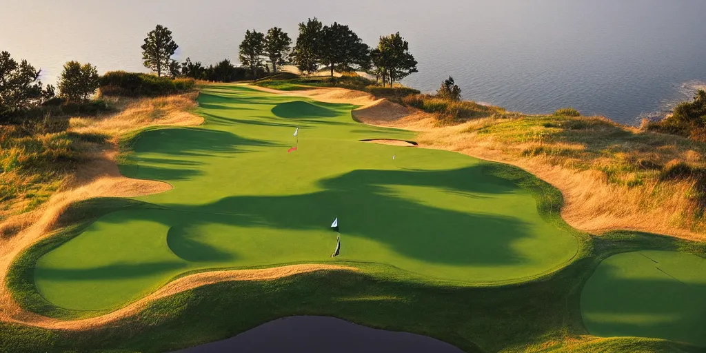 Image similar to a great photograph of the most amazing golf hole in the world completely surrounded by water, calm water, perfect light, ambient light, miniature, tilt shift lens, golf digest, top 1 0 0, fog