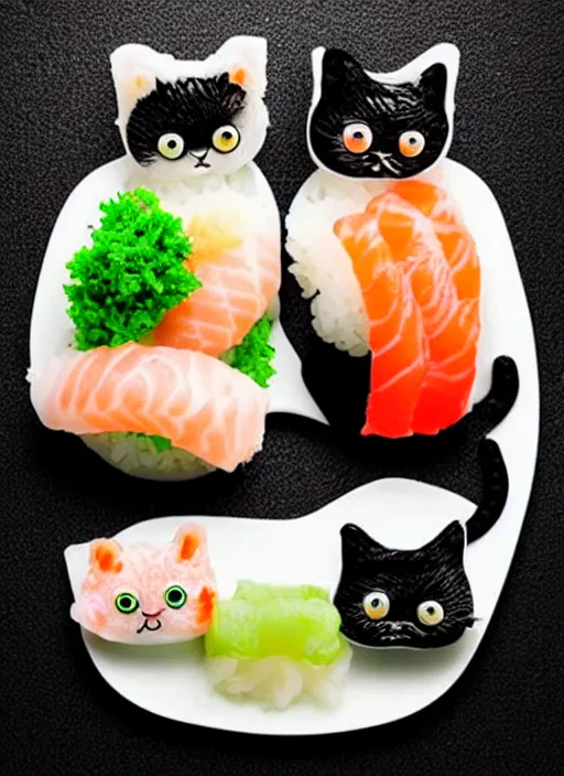 Image similar to clear photorealistic picture of adorable cats made from sushi rice, sitting on sushi plates with wasabi paste and soy sauce