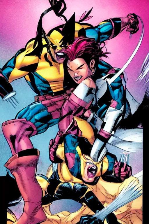 Image similar to uncanny x - men comic book panel containing wolverine and jubilee, illustrated by jim lee