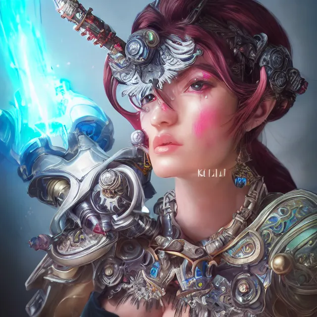 Image similar to studio portrait of lawful good colorful female divine mech paladin as absurdly beautiful, elegant, young sensual gravure idol, ultrafine hyperrealistic detailed face illustration by kim jung gi, irakli nadar, intricate linework, sharp focus, bright colors, matte, octopath traveler, final fantasy, unreal engine highly rendered, global illumination, radiant light, intricate environment