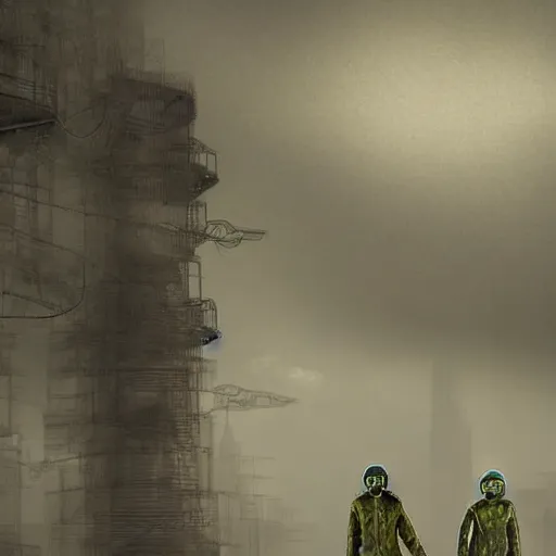 Image similar to a surreal landscape with towers in a harsh environment, two figures dressed in biohazard suits are walking, digital art