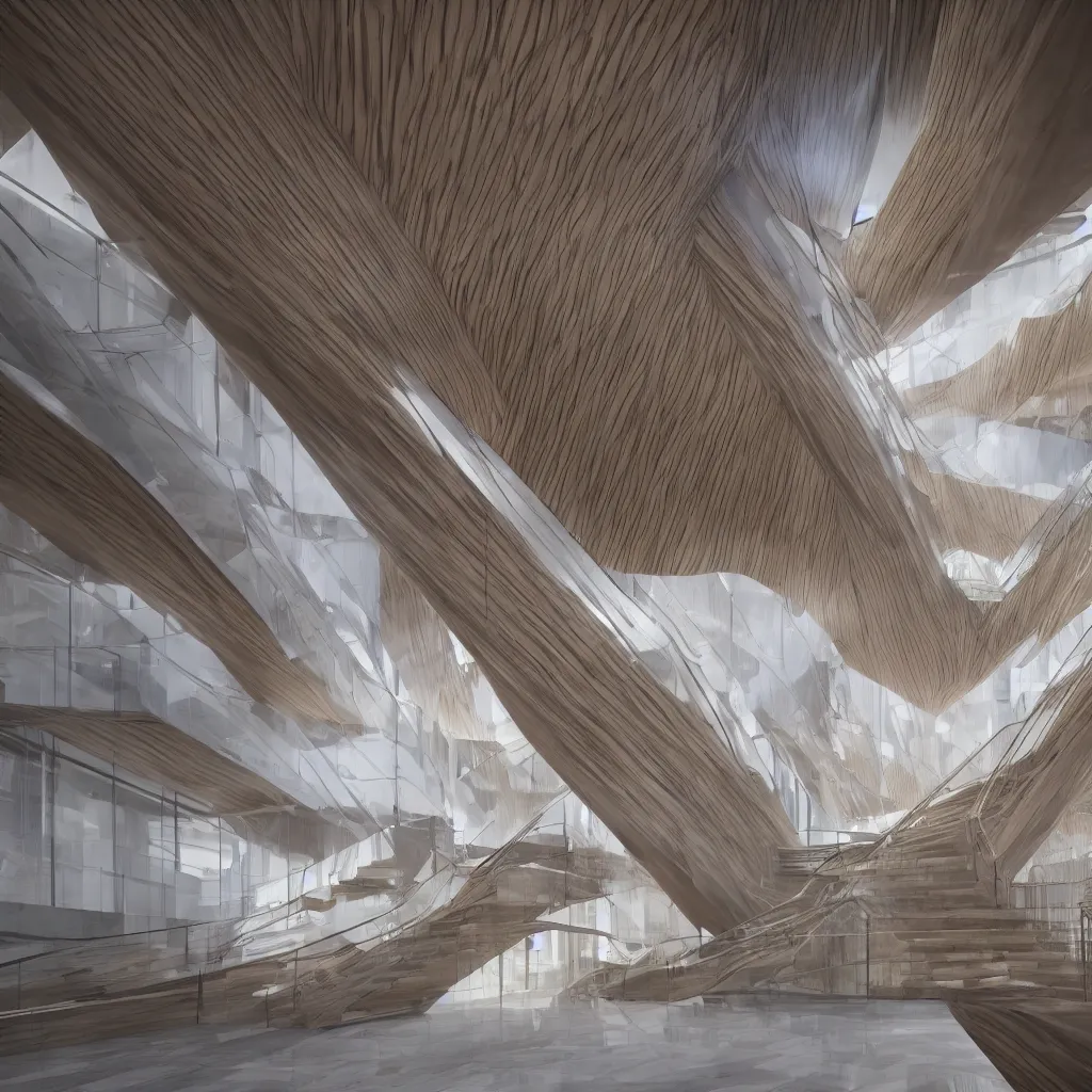 Prompt: a wooden and marble monumental stair tower of light climbing up, designed by zaha hadid, highly detailed, 4 k, unreal engine, volumetric lightning, mist, golden goddess athena