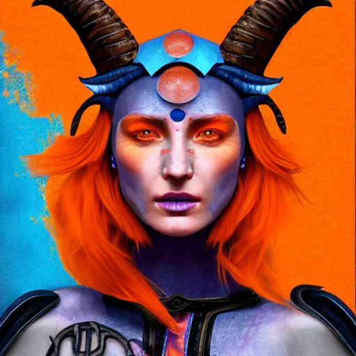 Image similar to illustrated portrait of beautiful ram-horned woman with orange skin and blue hair wearing leather armor, hyper detailed, photorealistic