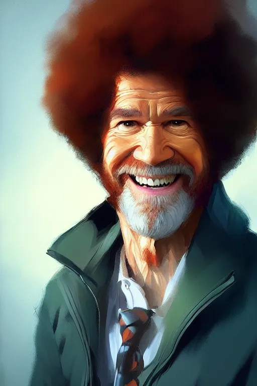 Prompt: portrait of Bob Ross, modern, colourful!! highly detailed, digital painting, artstation, concept art, sharp focus, illustration, by greg rutkowski