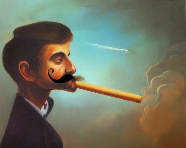 Image similar to a surreal painting of a young man with a handlebar mustache smoking a joint