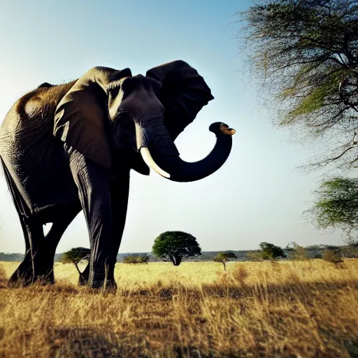 Image similar to film still, extreme wide shot of an tribal african man riding an elephant alone on the savannah, extreme long shot, 4 k, award winning