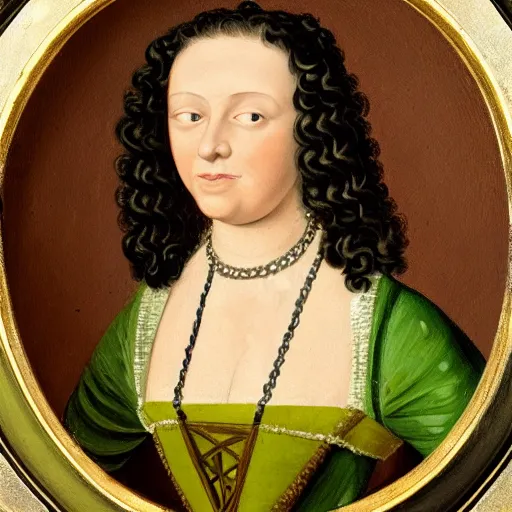Image similar to young woman from the year 1 5 0 0, seated in front of a landscape background, her black hair is fine curly from the year 1 5 0 0, she wears a dark green dress pleated in the front with yellow sleeves, puts her right hand on her left hand and smiles slightly, oil painting