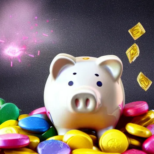 Prompt: piggy bank bursting open with a money explosion, gold bars and coins bursting in every direction, piggy bank sitting on a table, skittles falling off the table, unicorn flying in the background