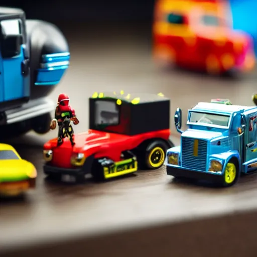 Prompt: cybertruck hot wheels on a desk with other toys in the background, depth of field, dramatic lighting