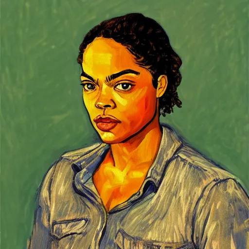 Image similar to Portrait of Tessa Thompson in the style of the Van Gough self portrait