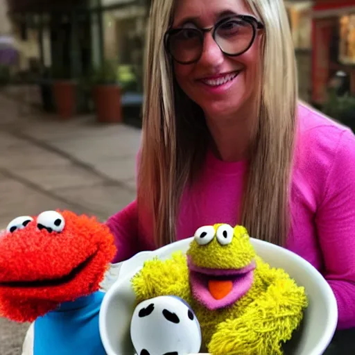 Prompt: a woman eating a muppet, next to a bowl full of muppets