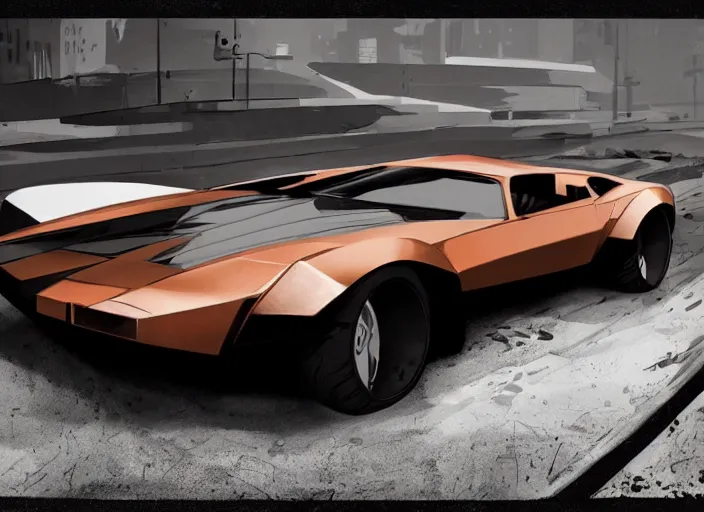 Image similar to wide view shot of a copper colored car with some black and white paint, designed by dmc and gmc, concept art style by john berky and liam wong and michael whelan.