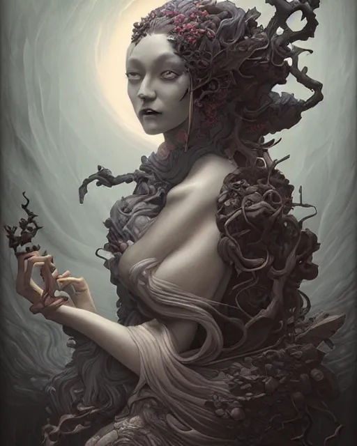 Image similar to fantasy portrait of a woman made of obsidian and smoke, carved Japanese Sakura wood organic overgrowth, holding nevermore staff, peter mohrbacher, artgerm, James Jean