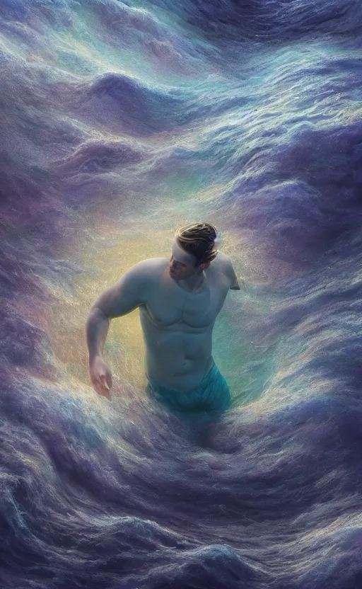 Prompt: a dream oil painting hyperrealism of a beautiful man in a sea maelstrom, 8 k resolution, octane render, trending on artstation, by gediminas pranckevicius, volumetric light 2 blue fractal thunder glow by dan mumford, anaglyph effect, laurie lipton