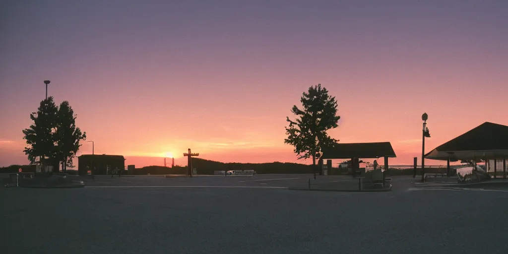 Image similar to a lonely port byron travel plaza in the middle of no where, sunset, eerie vibe, leica, 2 4 mm lens, 3 5 mm kodak film, directed by charlie kaufman, f / 2 2, anamorphic