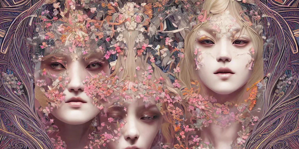 Image similar to breathtaking detailed concept art painting kaleidoscope art deco pattern of blonde faces goddesses amalmation flowers, by hsiao - ron cheng, bizarre compositions, exquisite detail, extremely moody lighting, 8 k