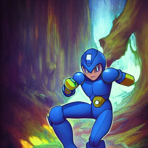 Prompt: a portrait of Megaman ,Grim fantasy, D&D, HDR, natural light, shoulder level shot, dynamic pose, award winning photograph, Mucha style 4k