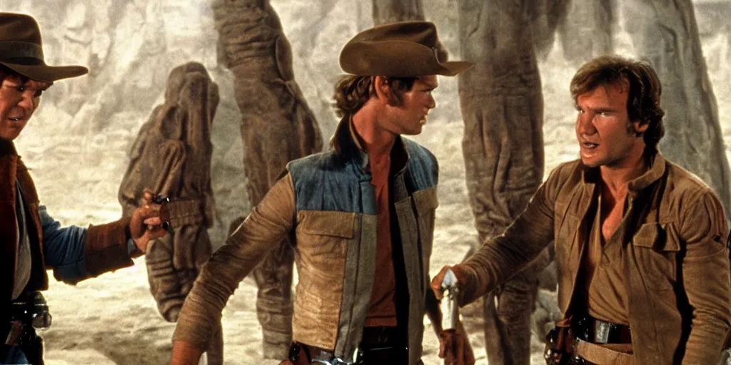 Image similar to han solo and indiana jones meeting for the first time