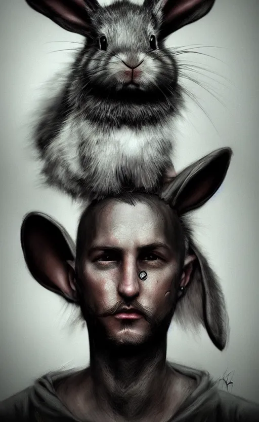 Image similar to dark fantasy photorealistic portrait concept art of a bunny hitman, trending on art station, stunning visuals, creative, cinematic, ultra detailed