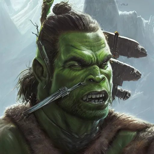Prompt: self portrait of a green skinned orc barbarian played by young Arnold Schwarzenegger. Full body with draped fabric and leather body armor, digital art, realistic, ultradetailed, concept art in the style of A new Hope, art by greg rutkowski and thomas kinkade, trending on artstation, devianart, cgsociety