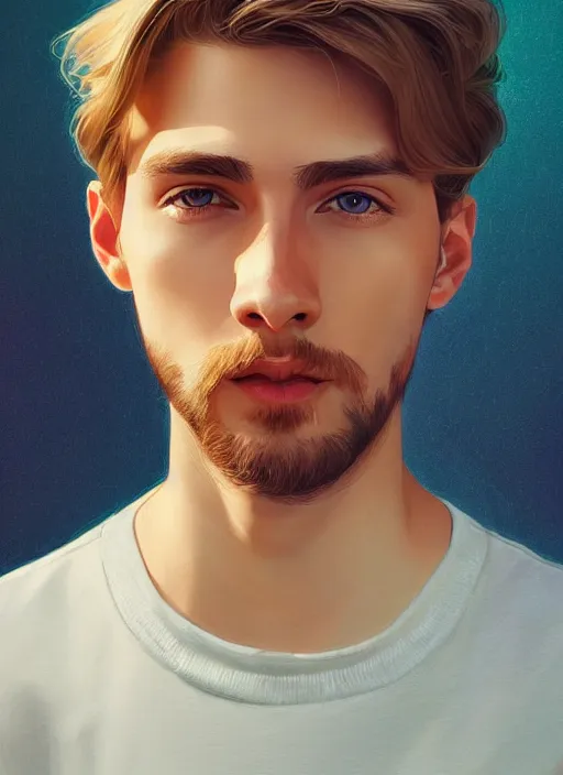 Image similar to handsome young man with shoulder length blond hair, half body shot, path traced, highly detailed, high quality, digital painting, alena aenami, lilia alvarado, shinji aramaki, karol bak, alphonse mucha, tom bagshaw