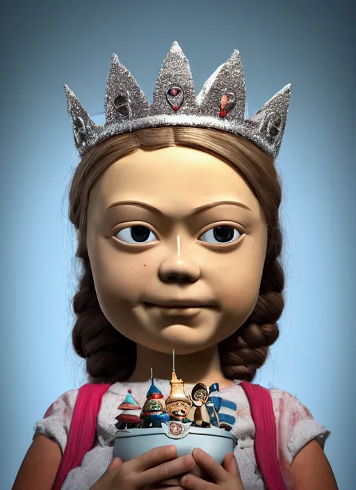 Image similar to closeup face profile portrait of greta thunberg as a tin toy fairytale princess wearing a crown eating cakes, bikini, depth of field, zeiss lens, fashion photoshoot, by nicoletta ceccoli, mark ryden, lostfish, dan decarlo, bob clampett, max fleischer, breathtaking, detailed, hyperrealistic, octane render