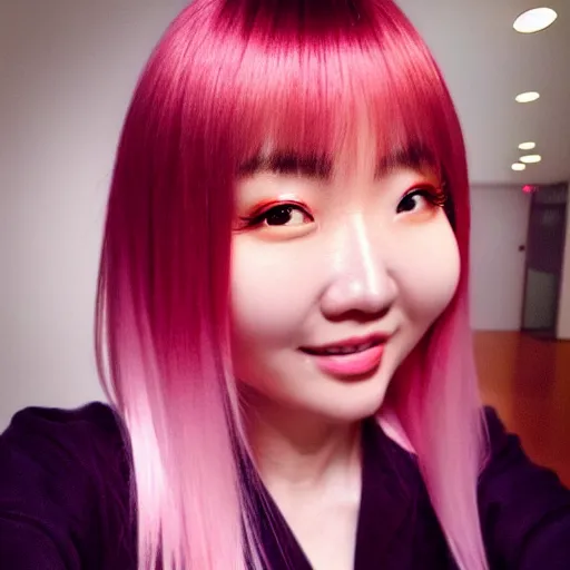 Image similar to beautiful hyperrealism selfie of nikki 苏 暖 暖 from shining nikki, a cute 3 d young woman smiling sofly, long light pink hair and full bangs, flushed face, small heart - shaped face, amber eyes, chinese heritage, golden hour, 8 k, sharp focus, instagram